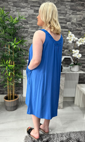Made In Italy Hannah Crotchet Detail Pocket Dress - Royal Blue
