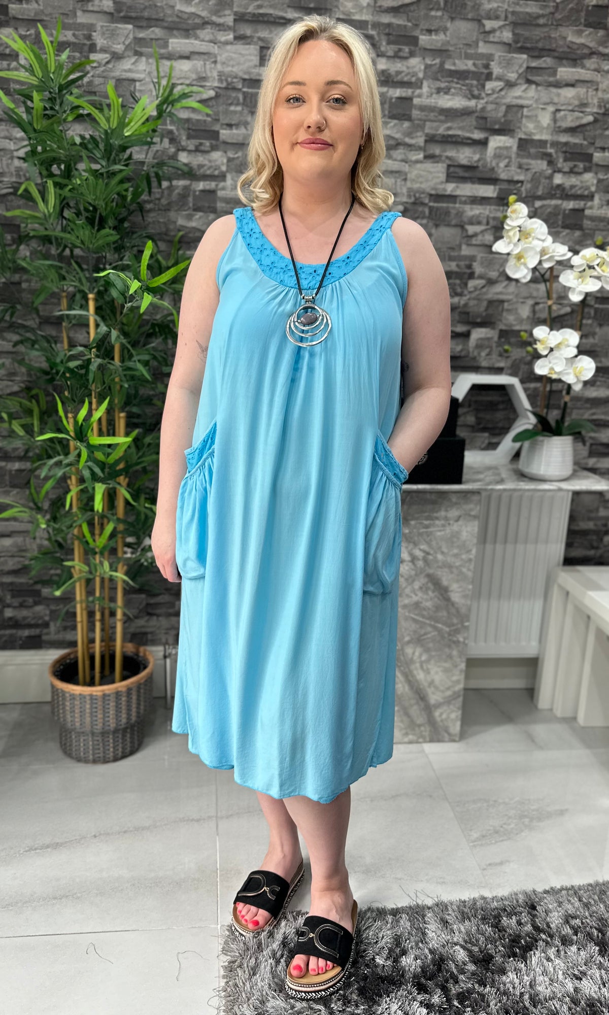 Made In Italy Hannah Crotchet Detail Pocket Dress - Sky Blue