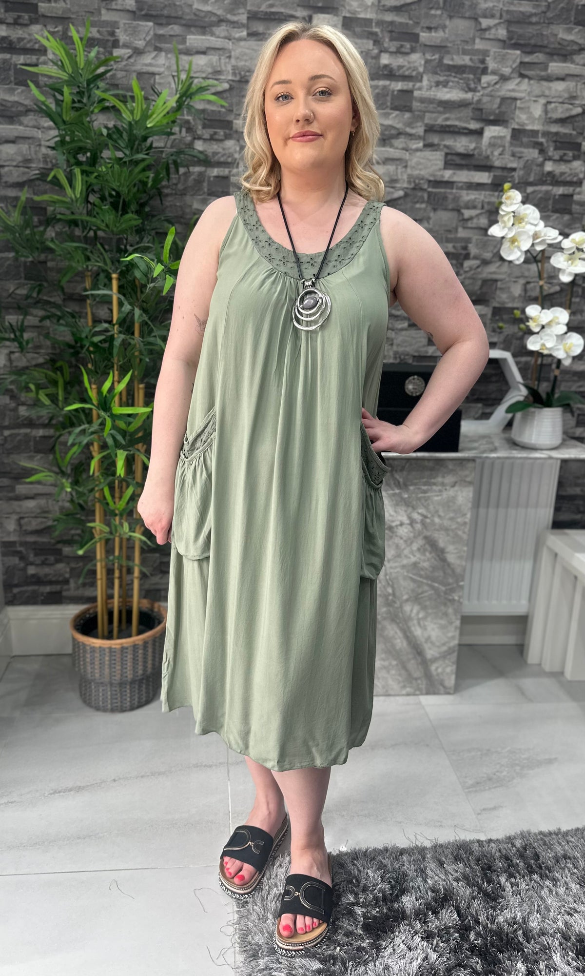 Made In Italy Hannah Crotchet Detail Pocket Dress - Khaki Green