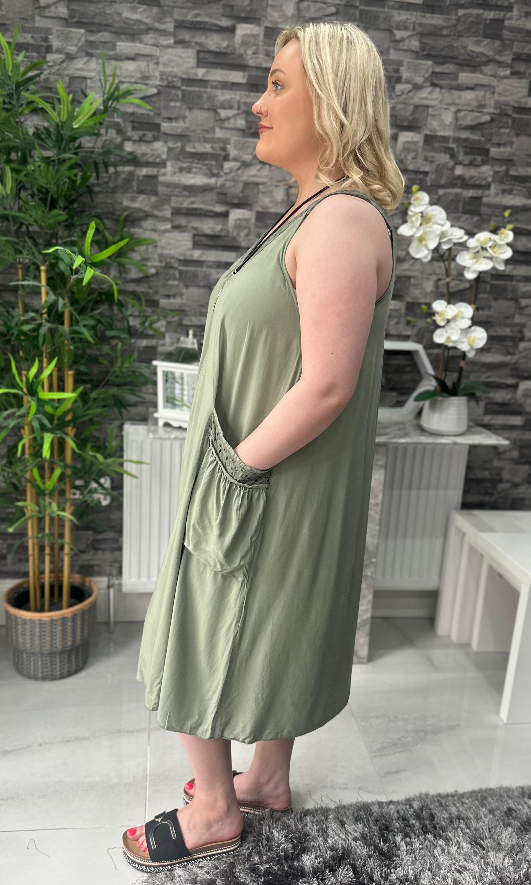 Made In Italy Hannah Crotchet Detail Pocket Dress - Khaki Green