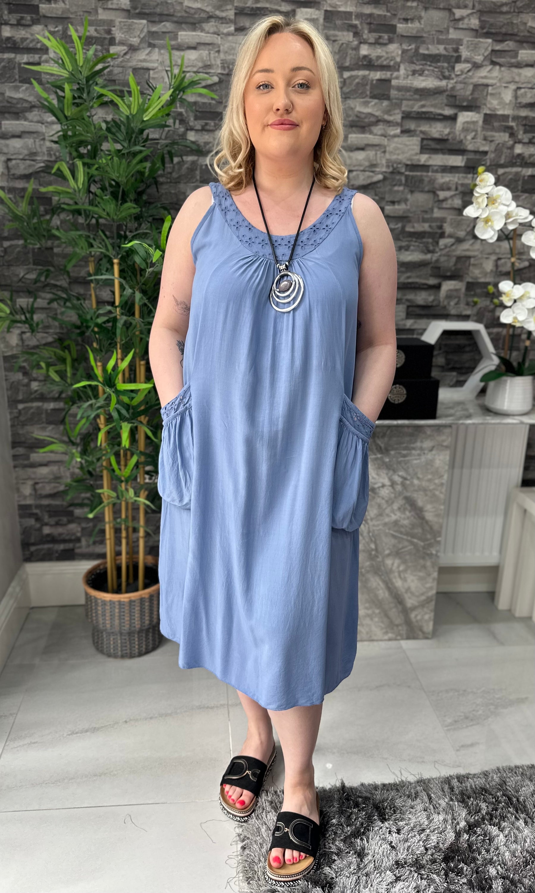 Made In Italy Hannah Crotchet Detail Pocket Dress - Denim Blue