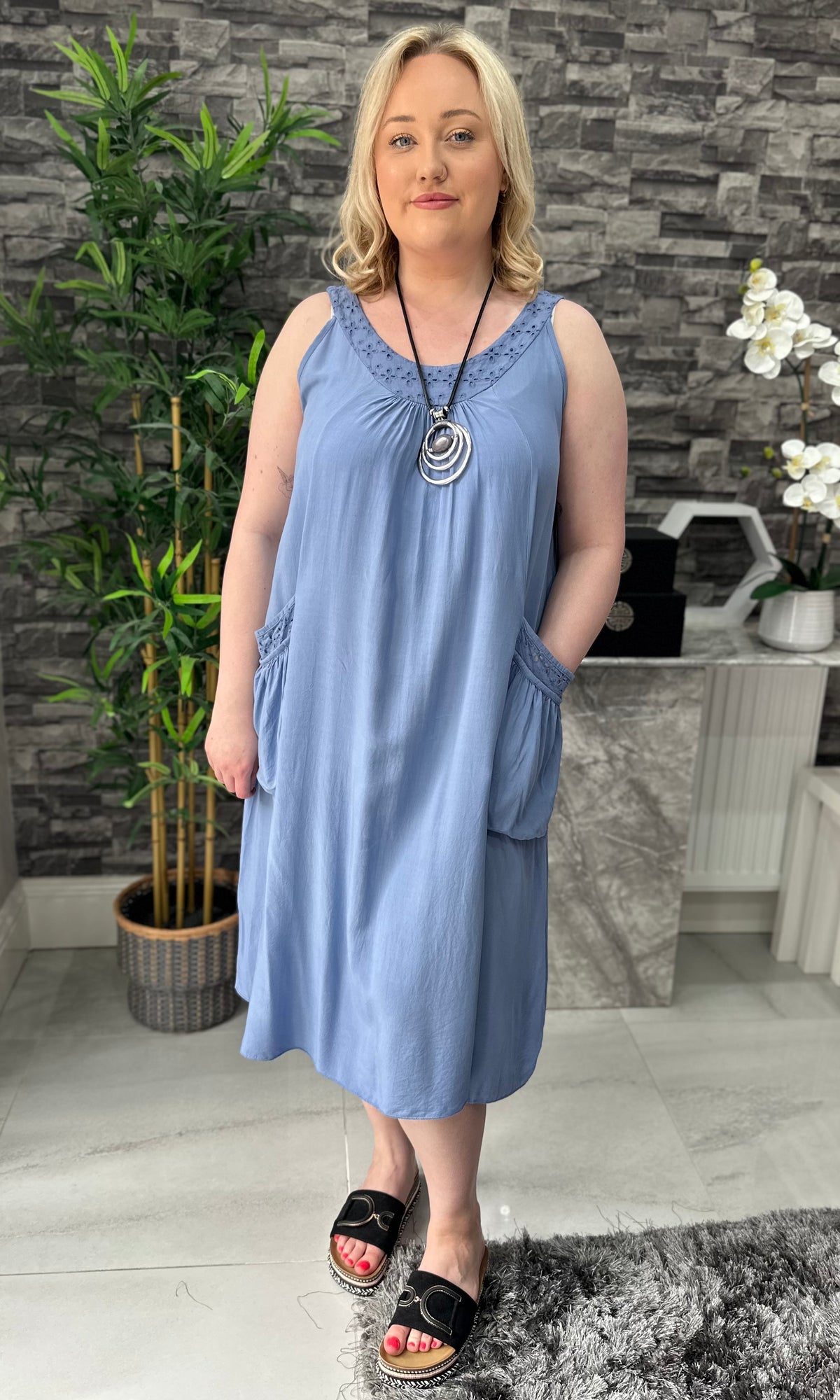 Made In Italy Hannah Crotchet Detail Pocket Dress - Denim Blue