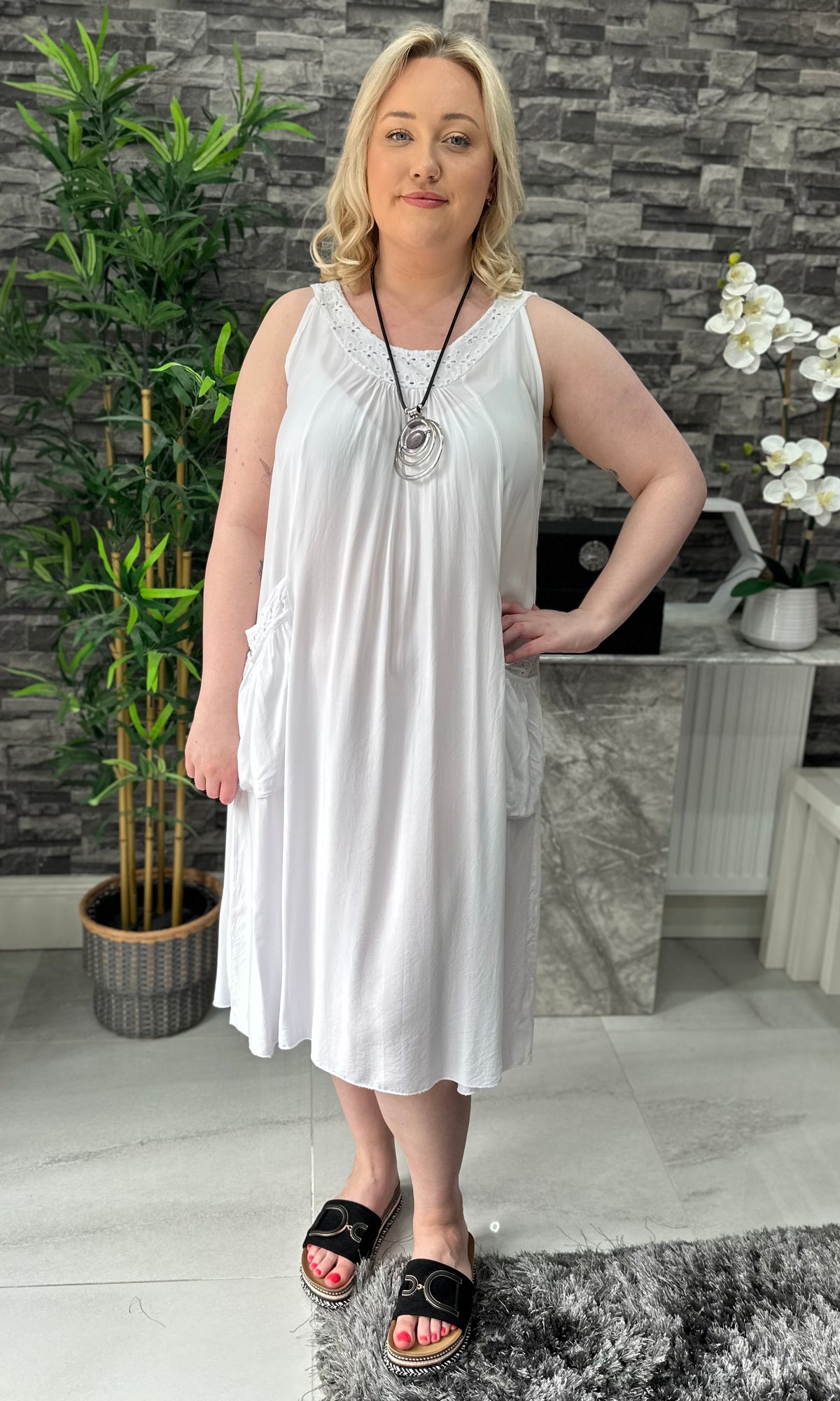 Made In Italy Hannah Crotchet Detail Pocket Dress - White