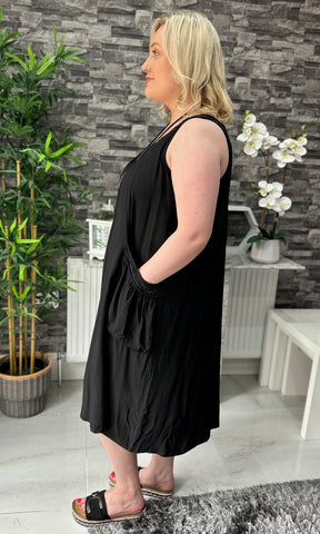 Made In Italy Hannah Crotchet Detail Pocket Dress - Black