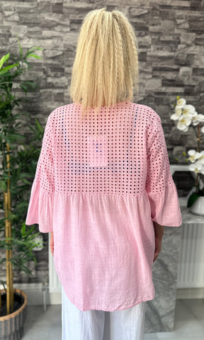 Made In Italy Kara Crotchet Button Top - Light Pink