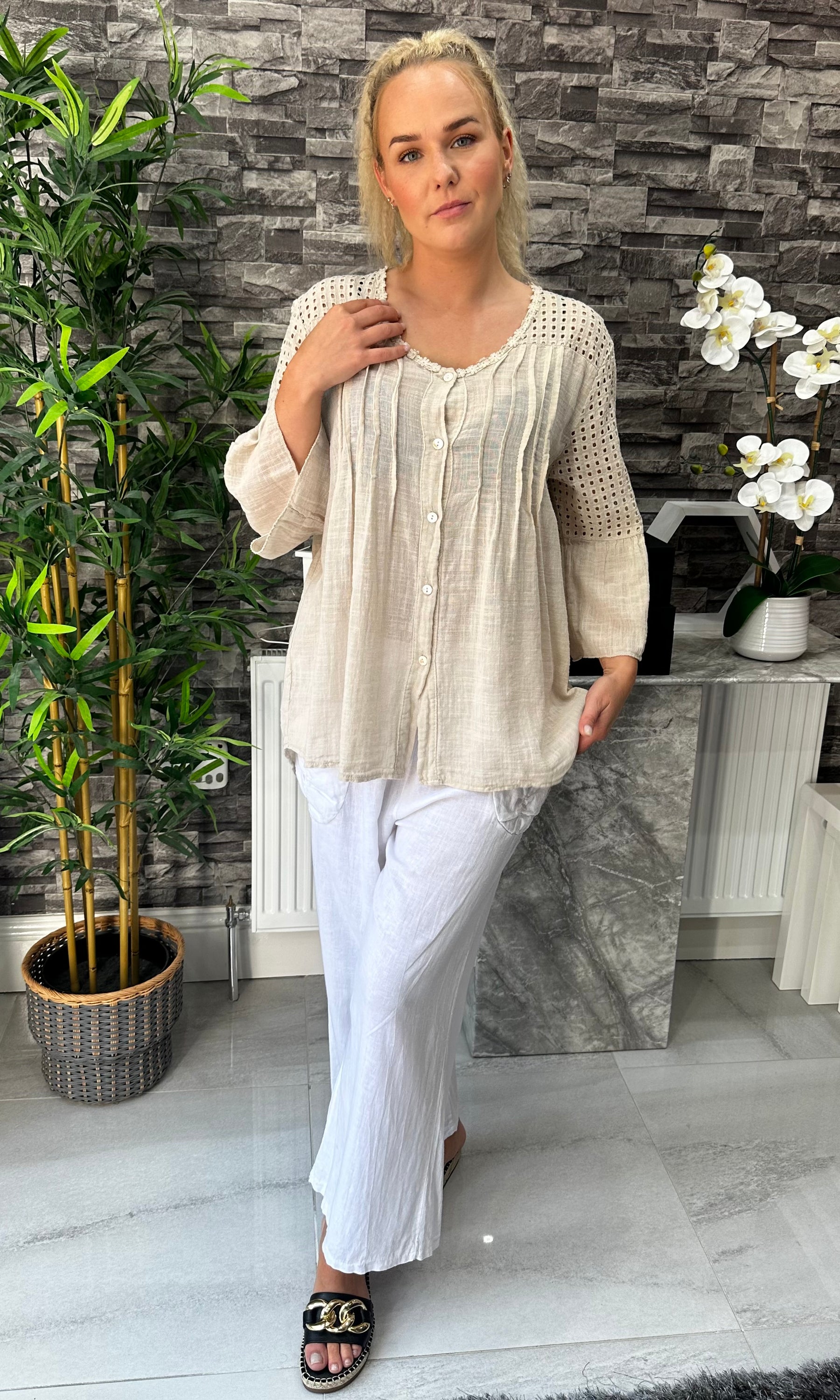 Made In Italy Kara Crotchet Button Top - Beige