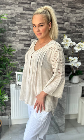 Made In Italy Kara Crotchet Button Top - Beige