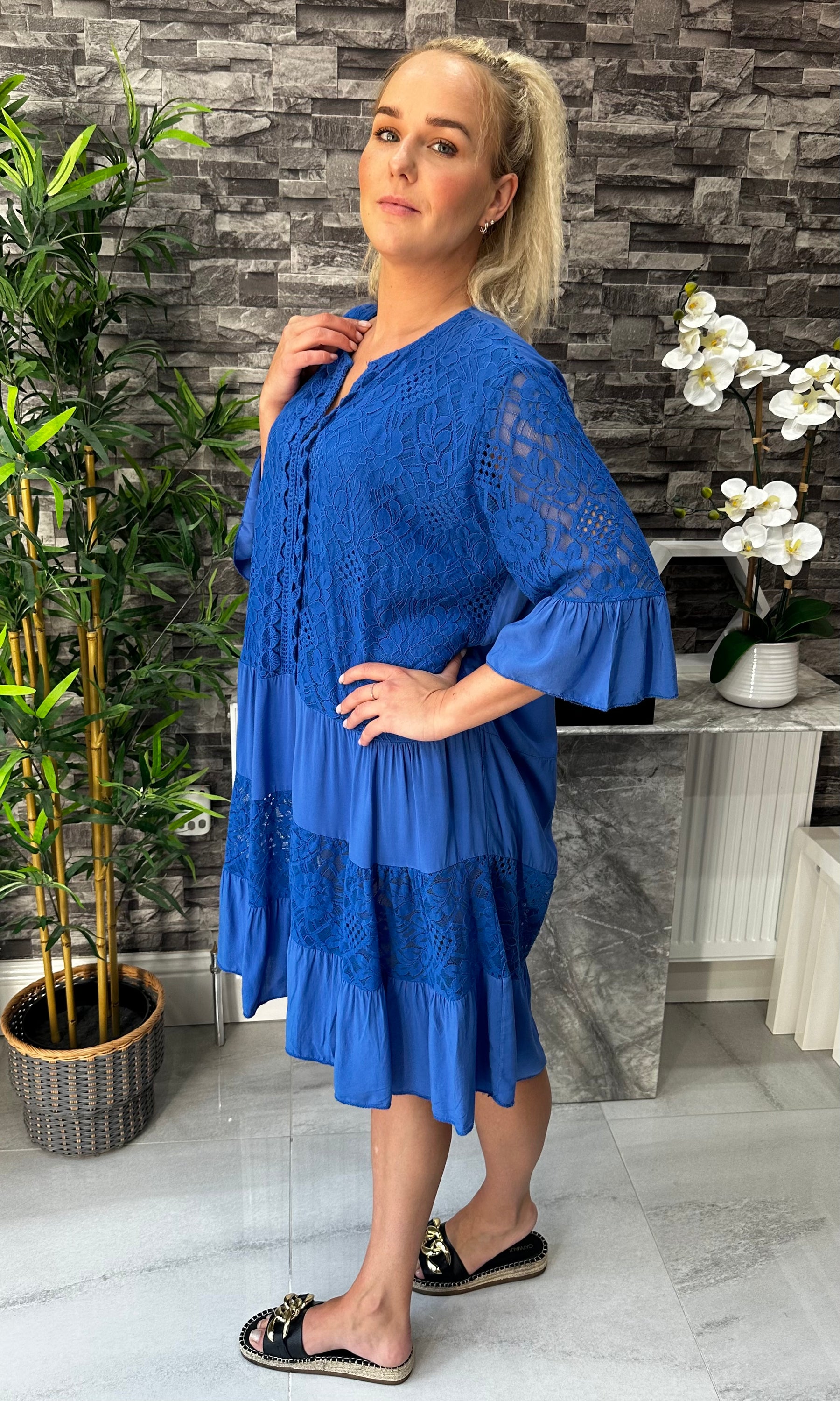 Made In Italy Zoey Crotchet Lace Dress - Royal Blue
