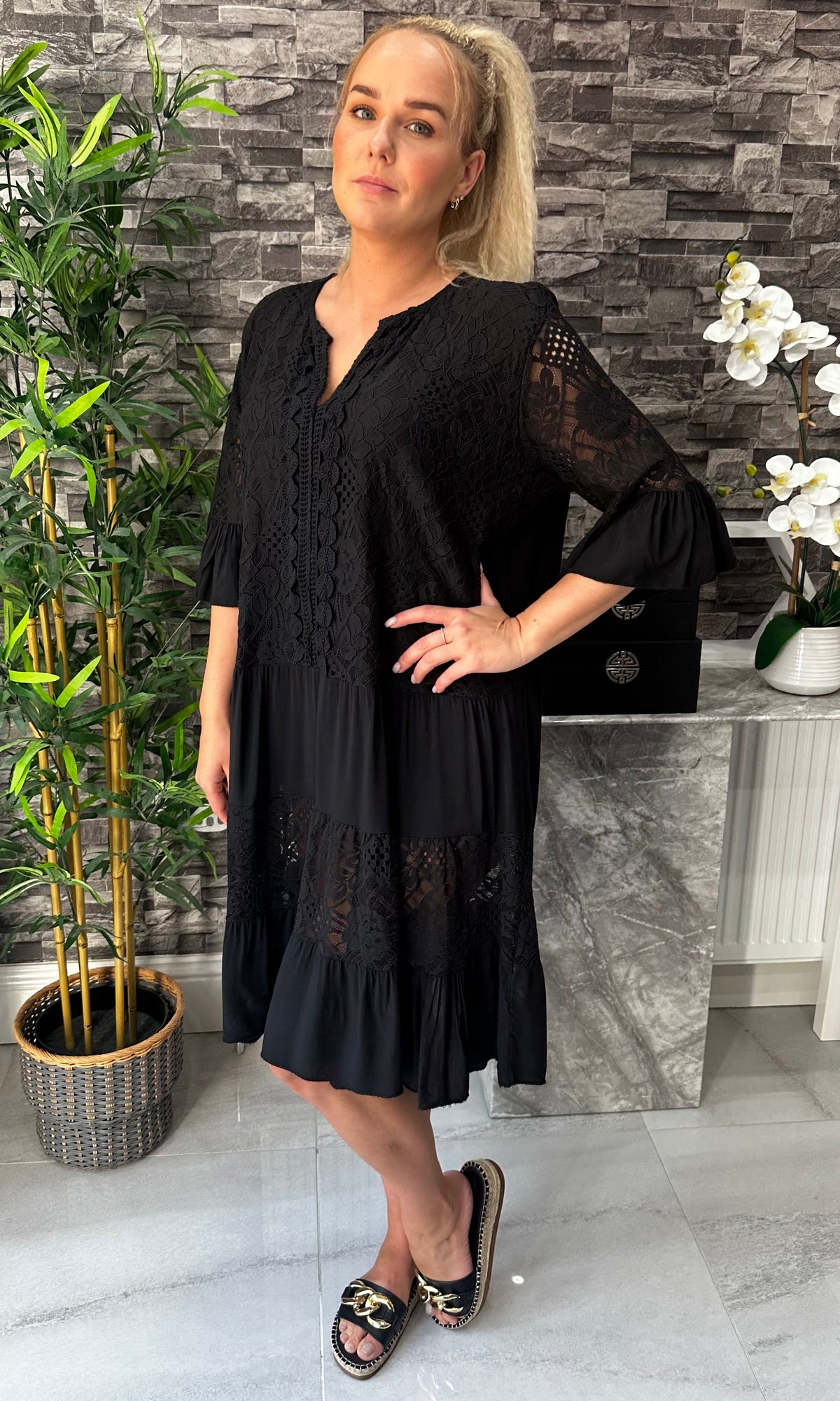 Made In Italy Zoey Crotchet Lace Dress - Black