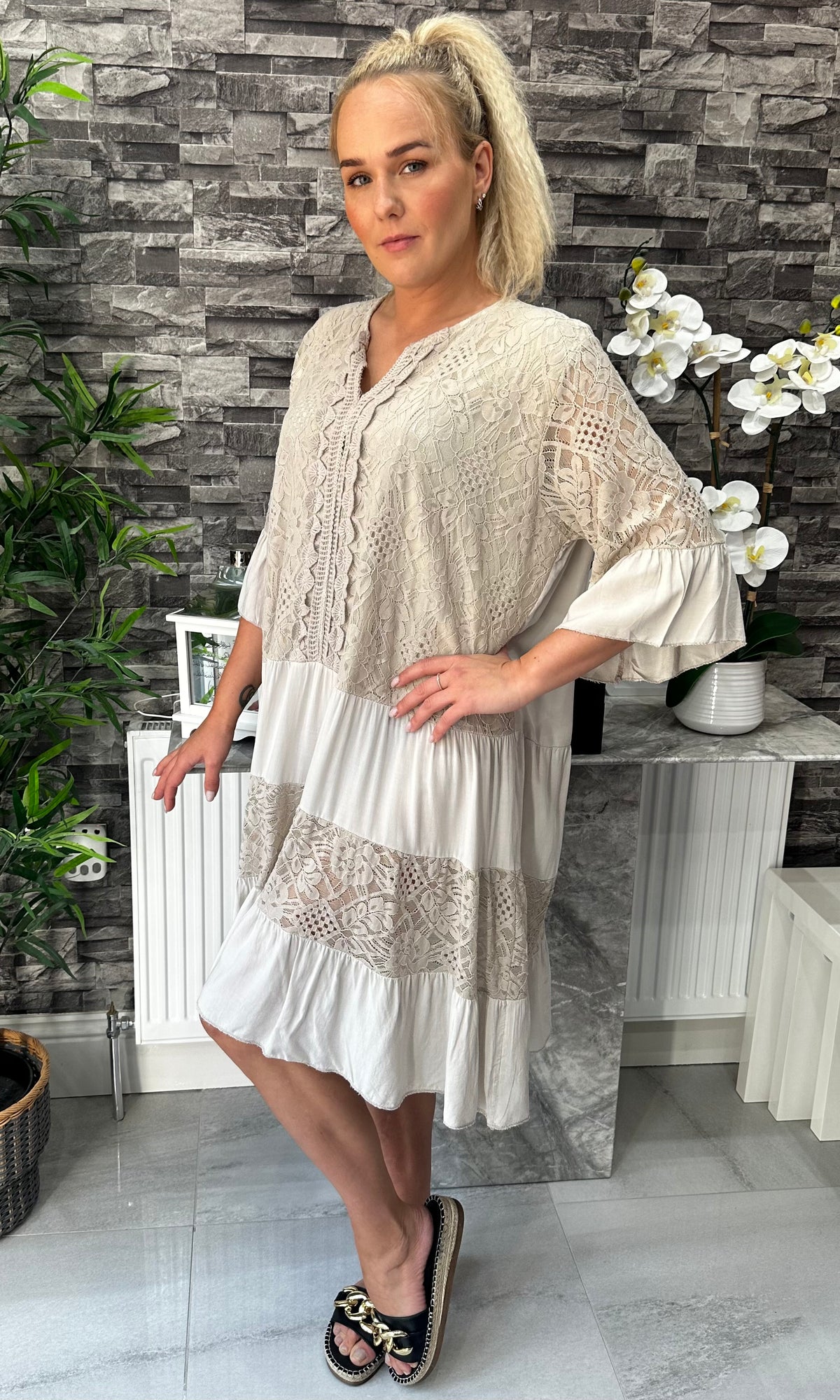 Made In Italy Zoey Crotchet Lace Dress - Beige
