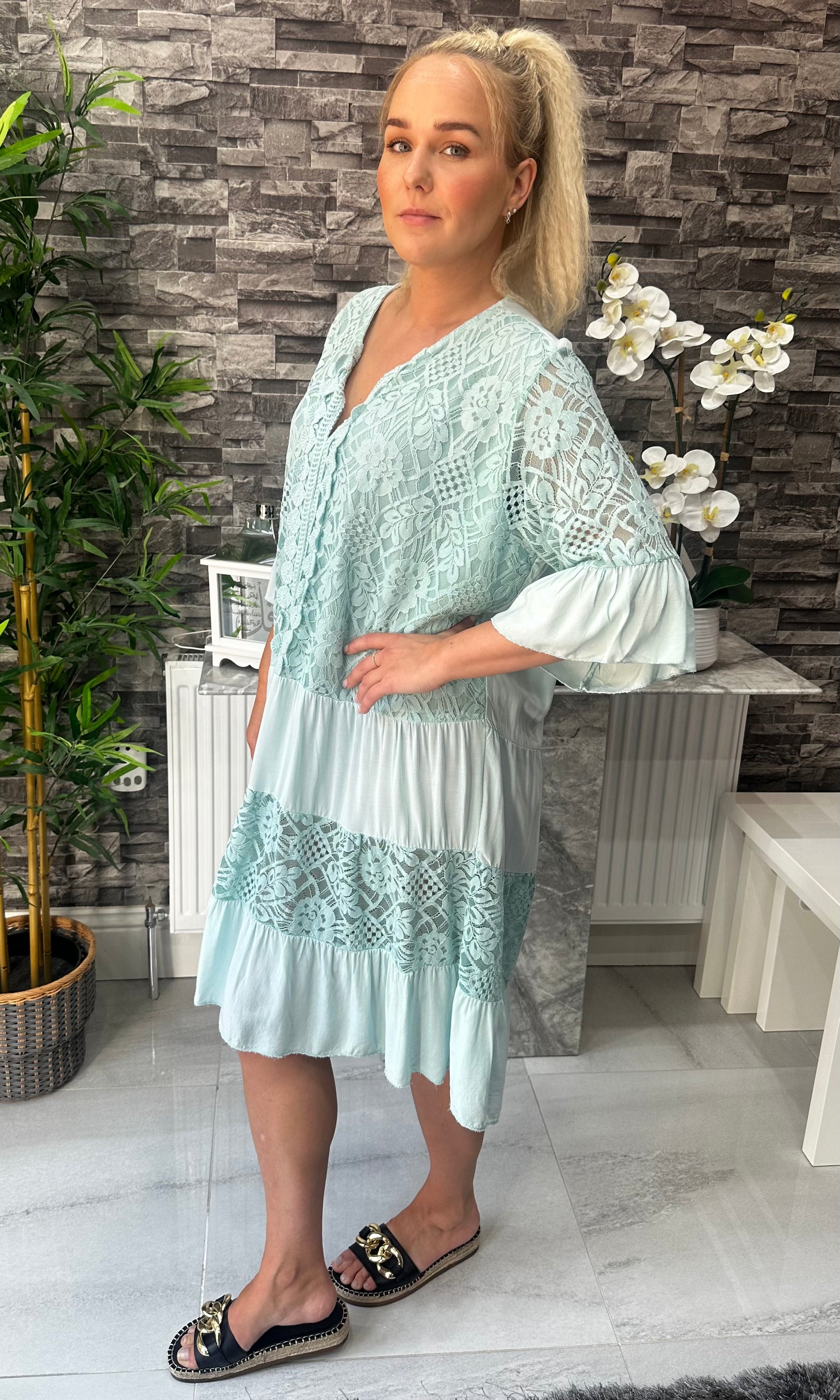Made In Italy Zoey Crotchet Lace Dress - Mint Green