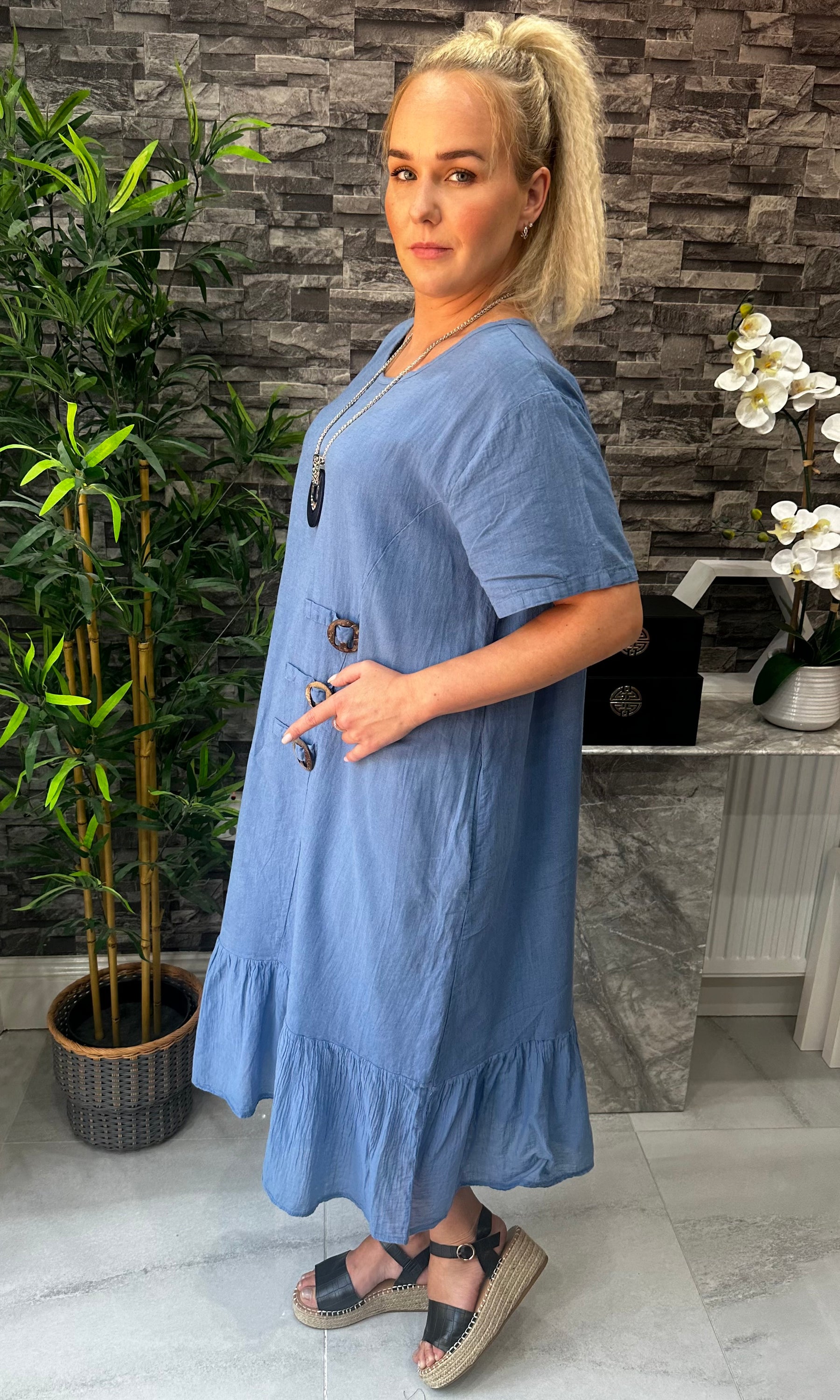 Made In Italy Freya Linen Pocket Dress - Denim Blue