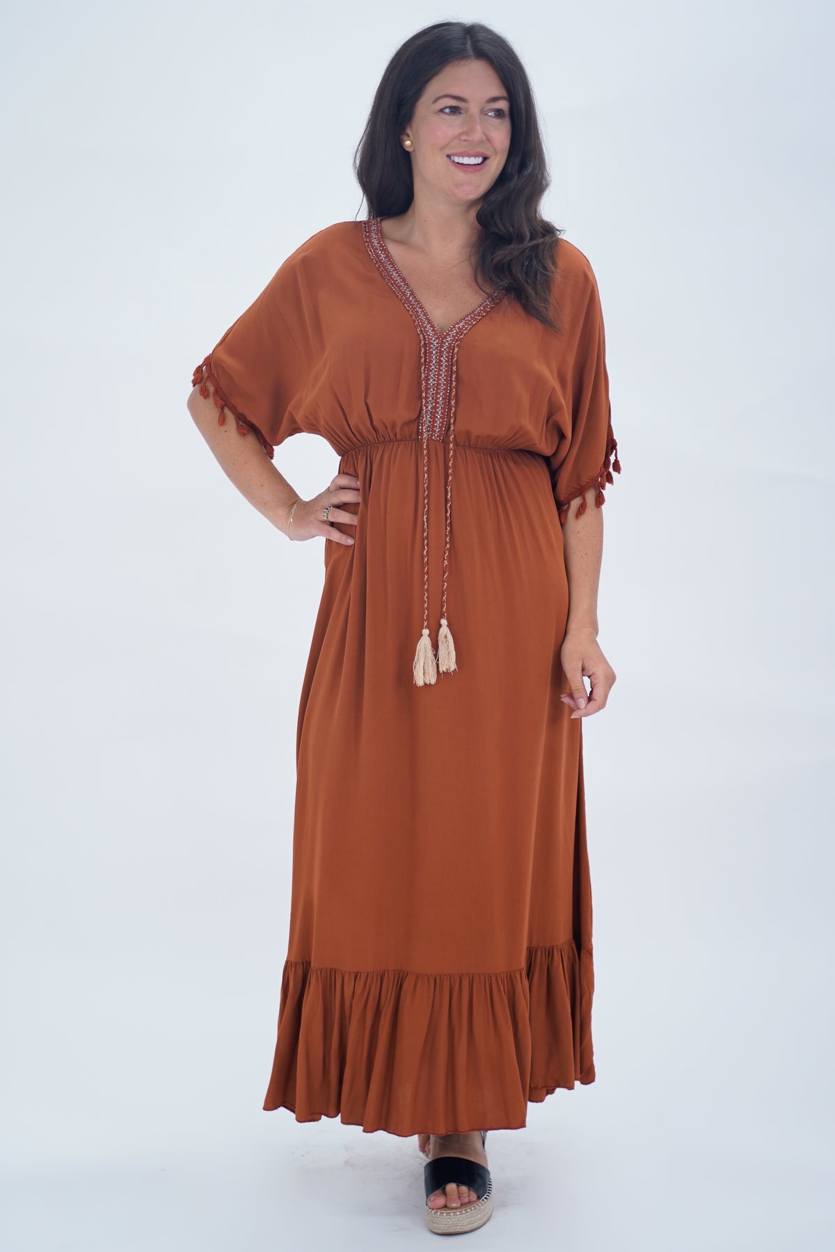 Made In Italy Amalfi Plain Tie Detail Dress - Rust