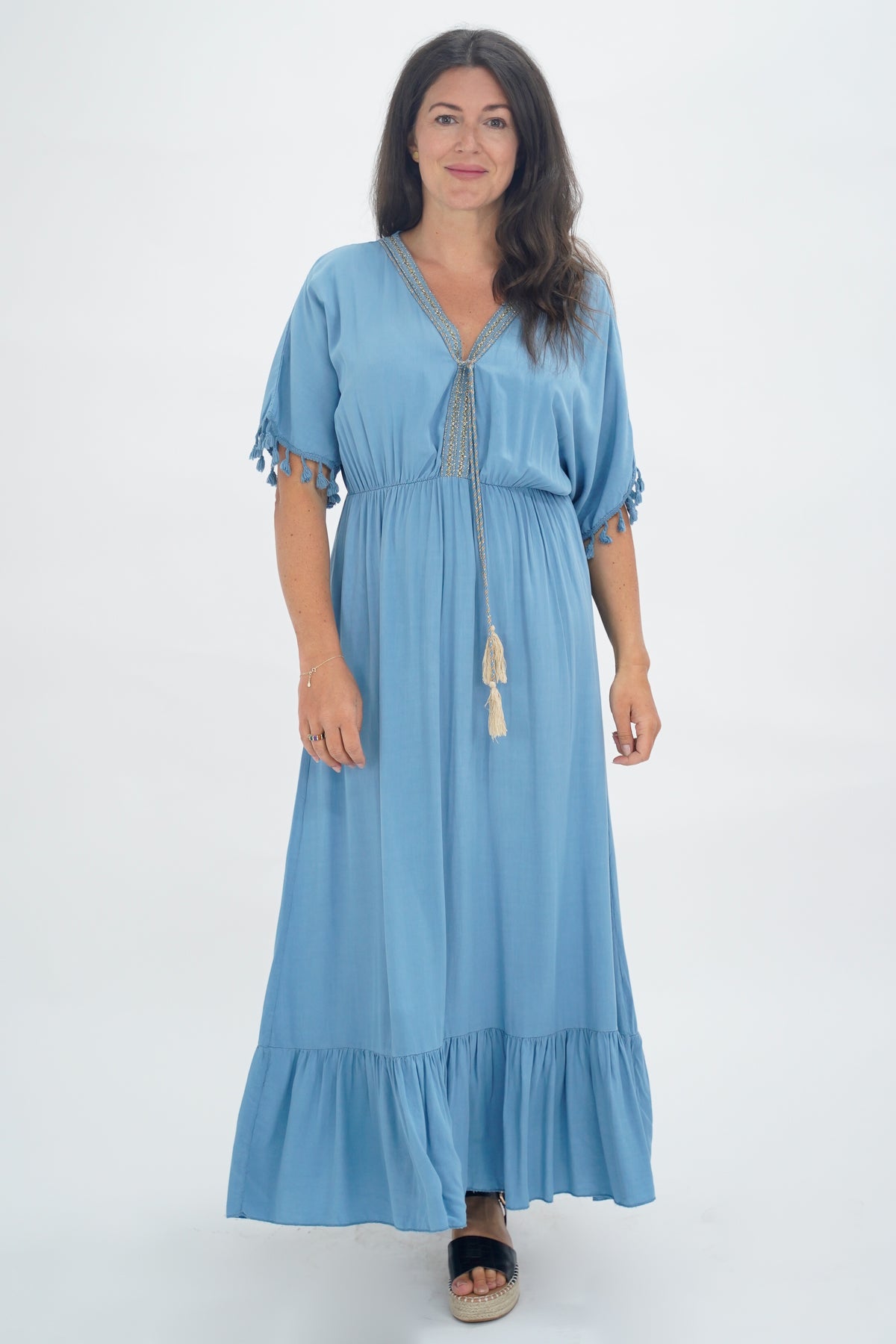 Made In Italy Amalfi Plain Tie Detail Dress - Denim Blue