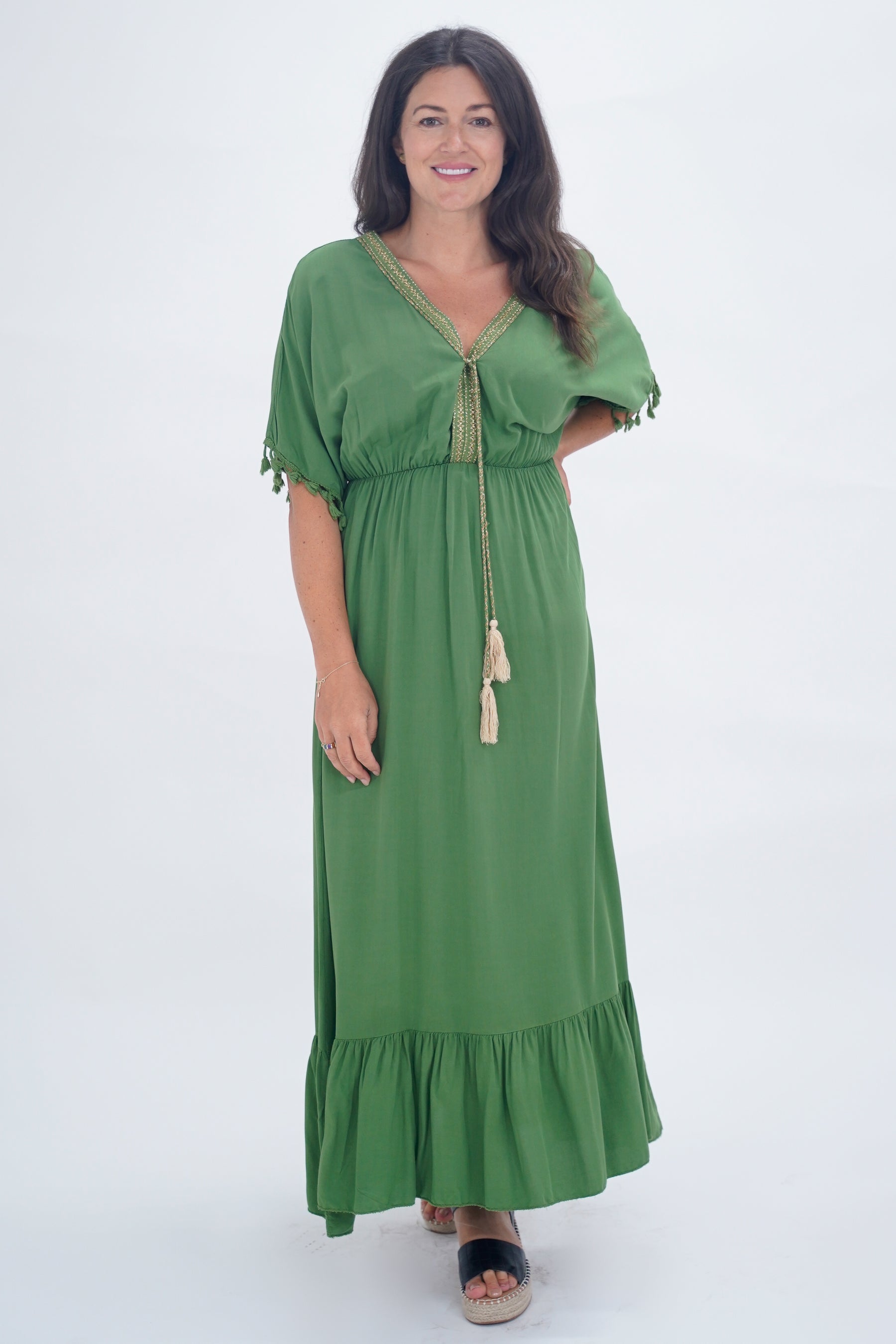 Made In Italy Amalfi Plain Tie Detail Dress - Emerald