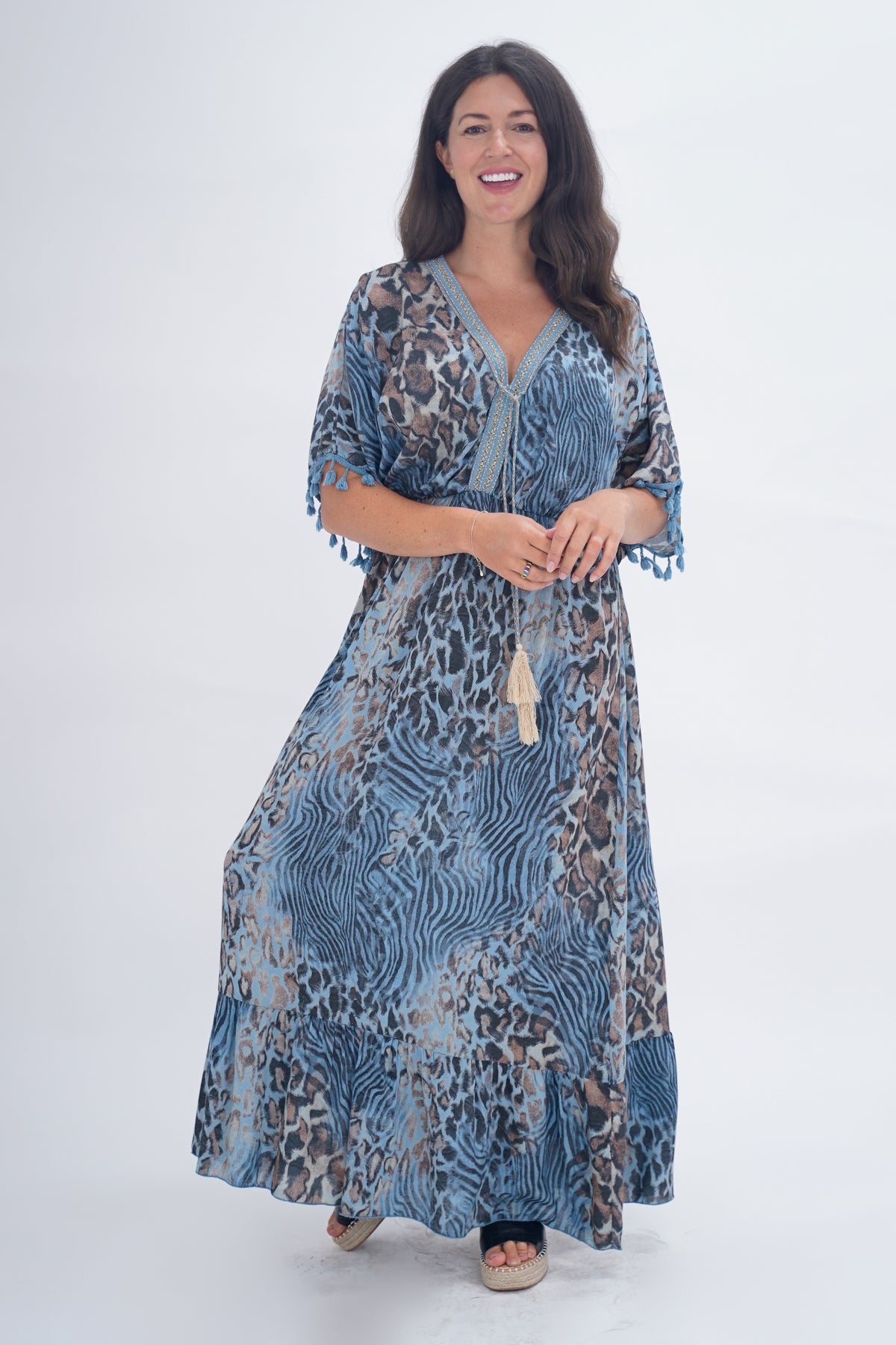 Made In Italy Amalfi Animal Print Tie Detail Dress - Denim Blue