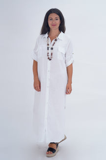 Made In Italy Naples Linen Long Button Dress - White