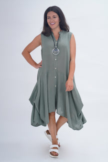 Made In Italy Elice Linen Asymmetric Button Dress - Khaki Green
