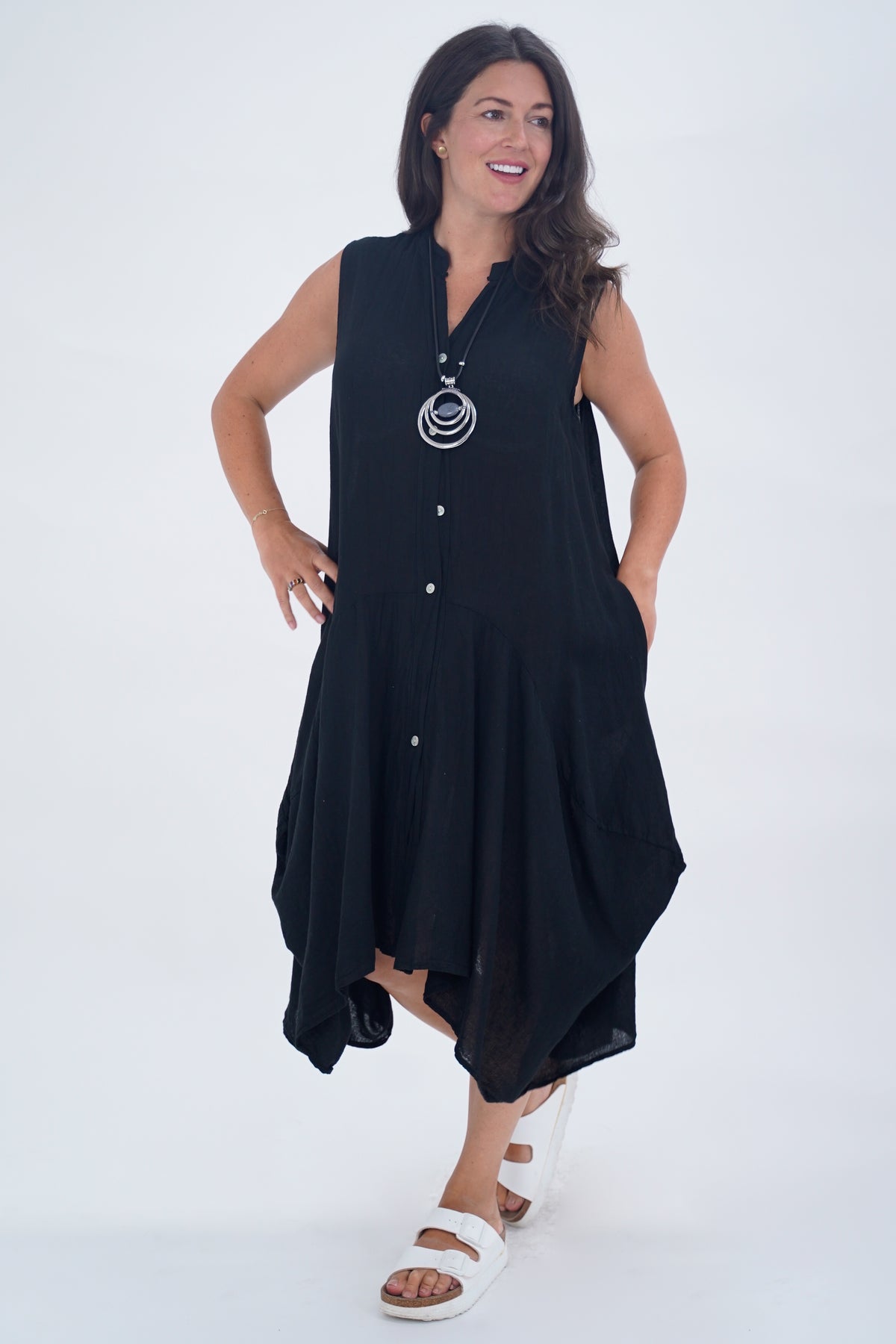 Made In Italy Elice Linen Asymmetric Button Dress - Black