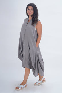 Made In Italy Elice Linen Asymmetric Button Dress - Mocha