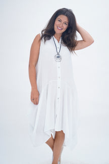 Made In Italy Elice Linen Asymmetric Button Dress - White