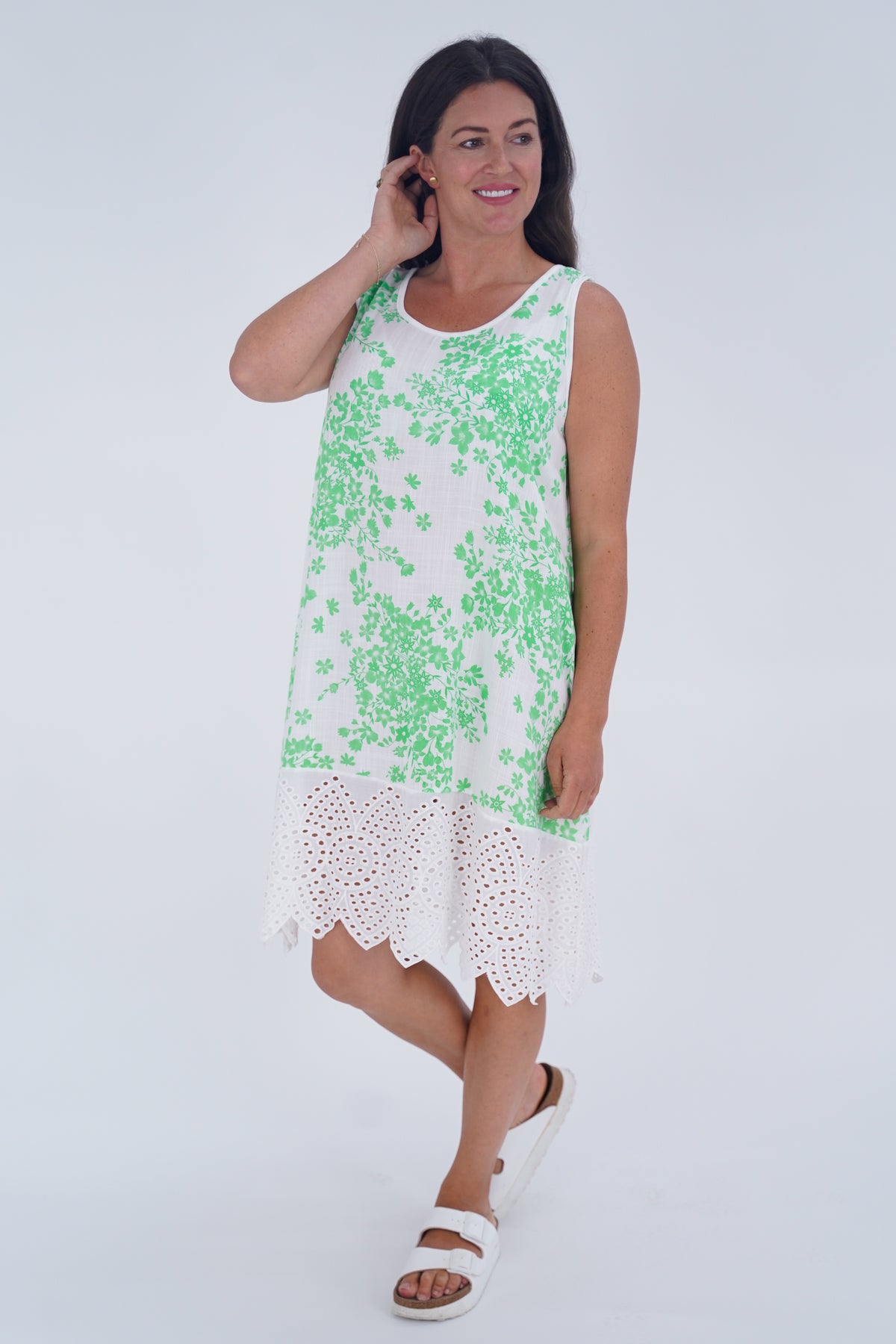 Made In Italy Lily Floral Print Eyelet Dress - Green