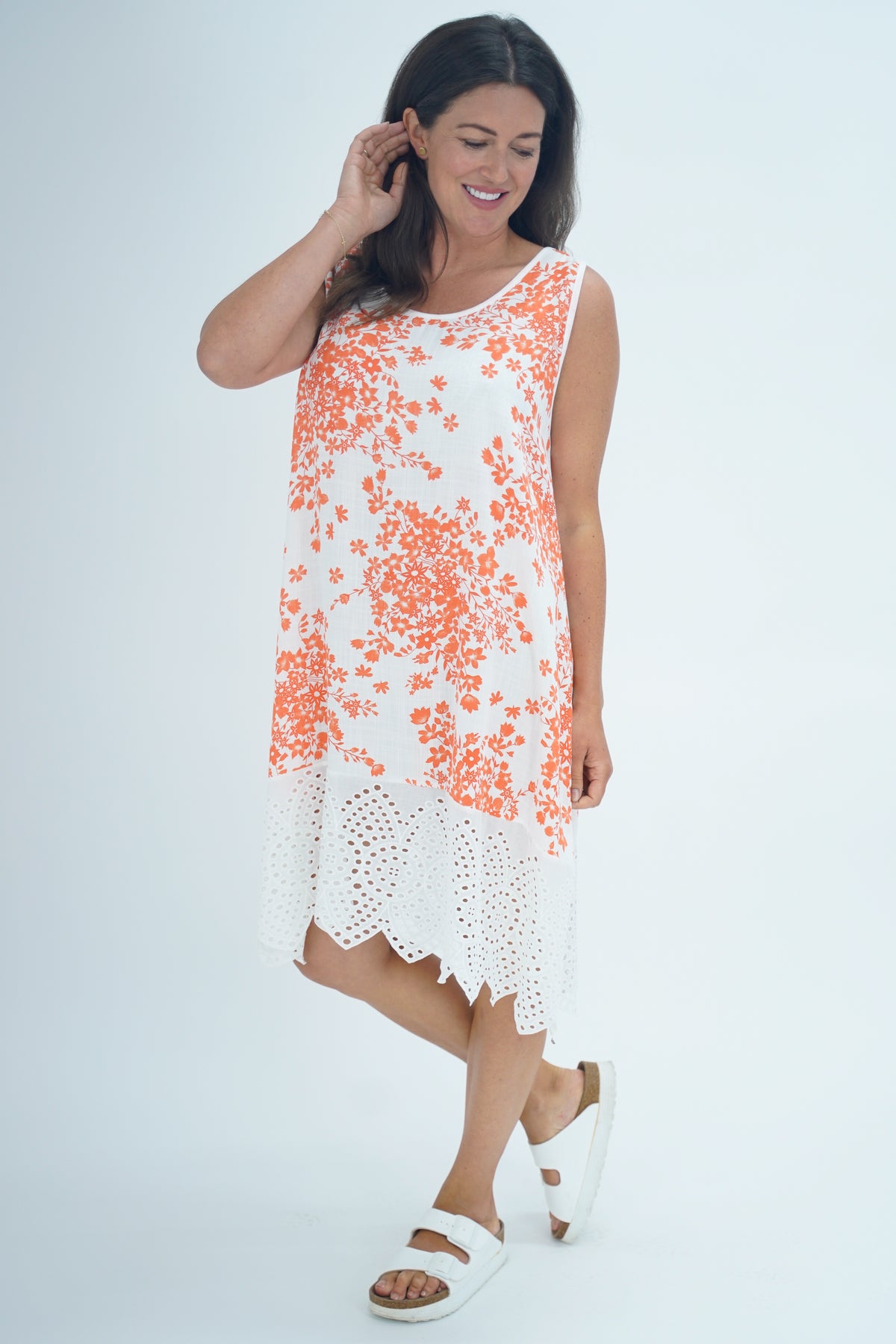 Made In Italy Lily Floral Print Eyelet Dress - Orange