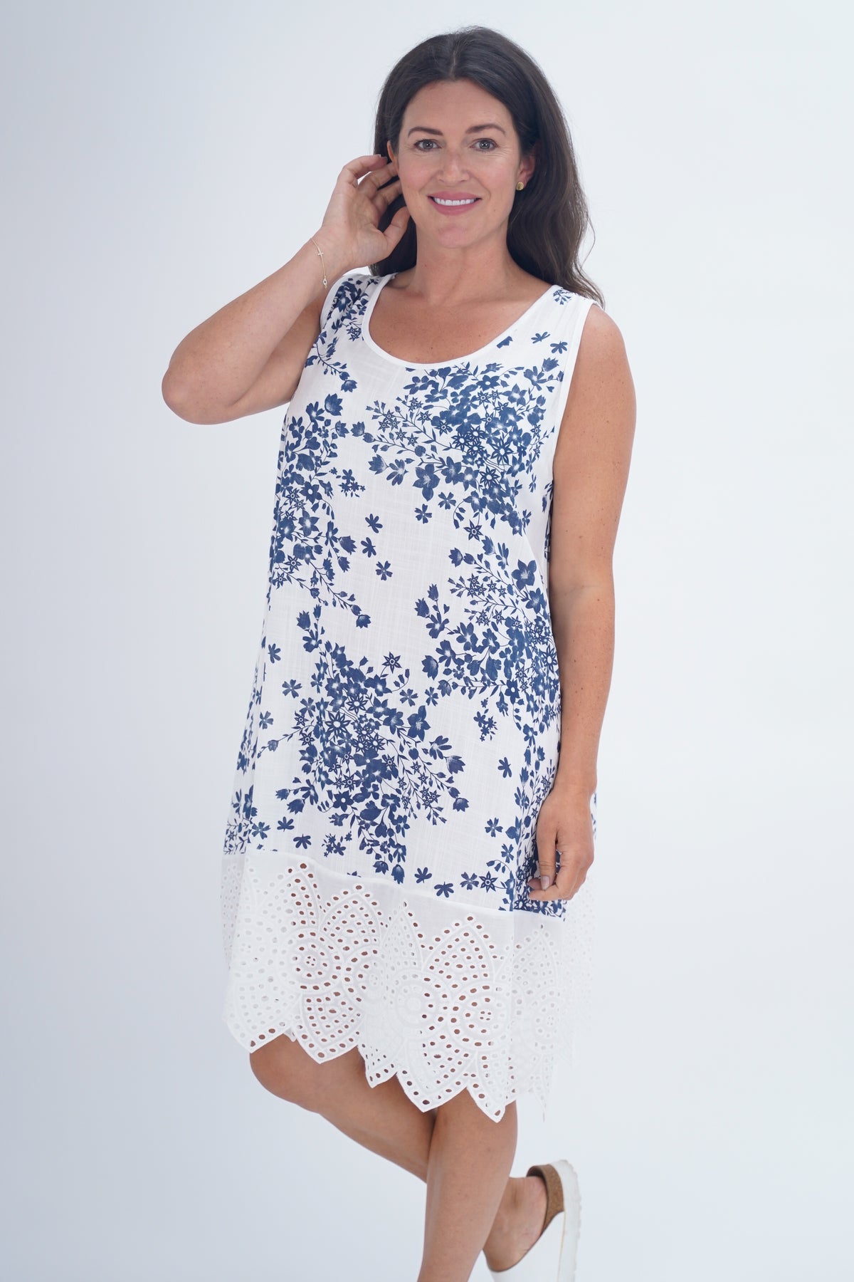 Made In Italy Lily Floral Print Eyelet Dress - Denim Blue