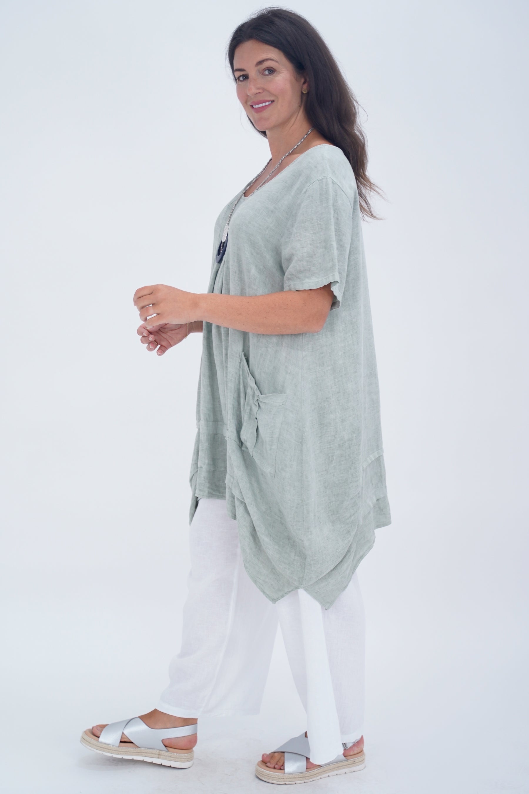 Made In Italy Florence Linen Tunic Top - Sage