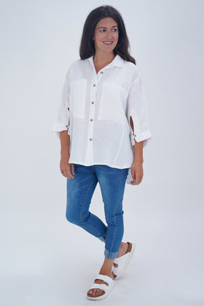 Made In Italy Milan Linen Button Shirt Top - White
